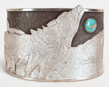 Kelsey Jimmie Sterling Silver Tufa Cast Howling Wolf Cuff w/Turquoise