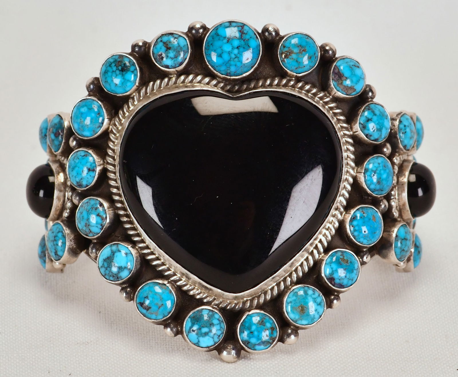 Navajo Sterling Silver Onyx and Turquoise Heart Shape Cuff Bracelet (1 of 5)