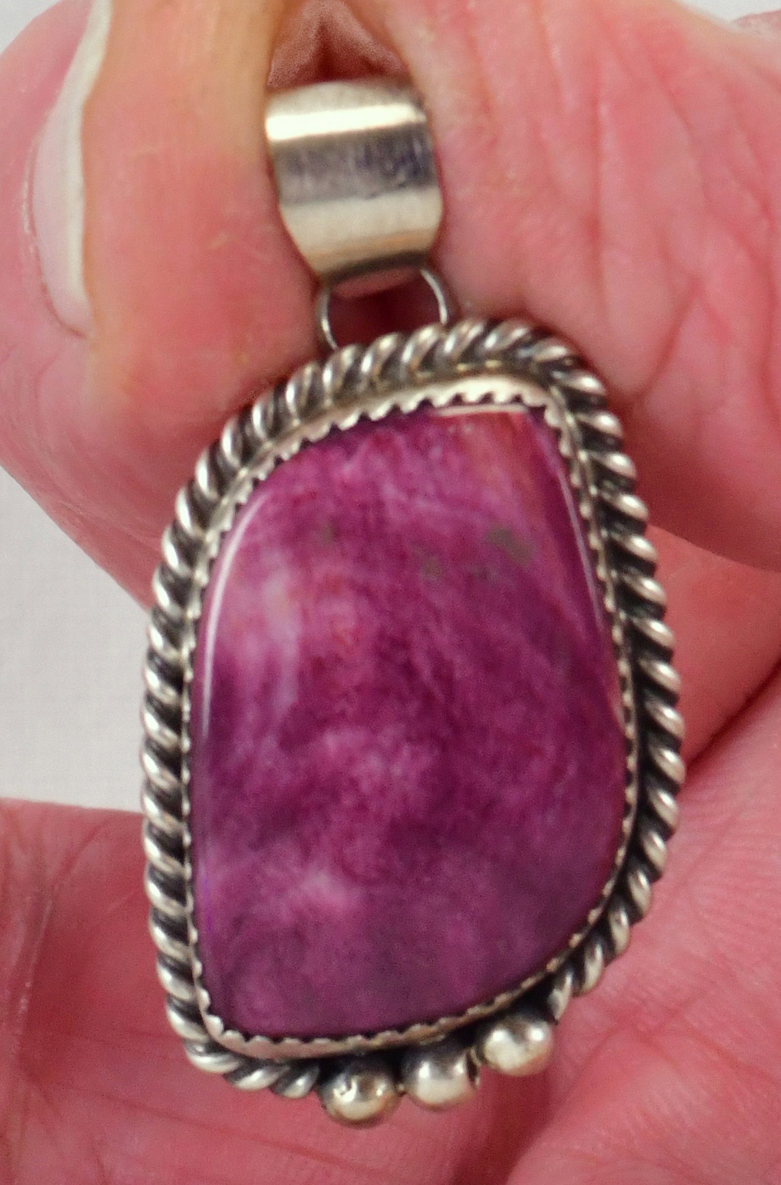 Freddie Martinez Sterling Silver Purple Spiny Oyster Pendant: Pendant Only - Sterling Silver| Navajo Sterling Silver Purple Spiny Oyster Pendant| Genuine Spiny Oyster| Measures 1.75" Long x 3/4" Wide| Hallmarked "F"| Weighs 10.7 Grams| Native American, Navajo, S
