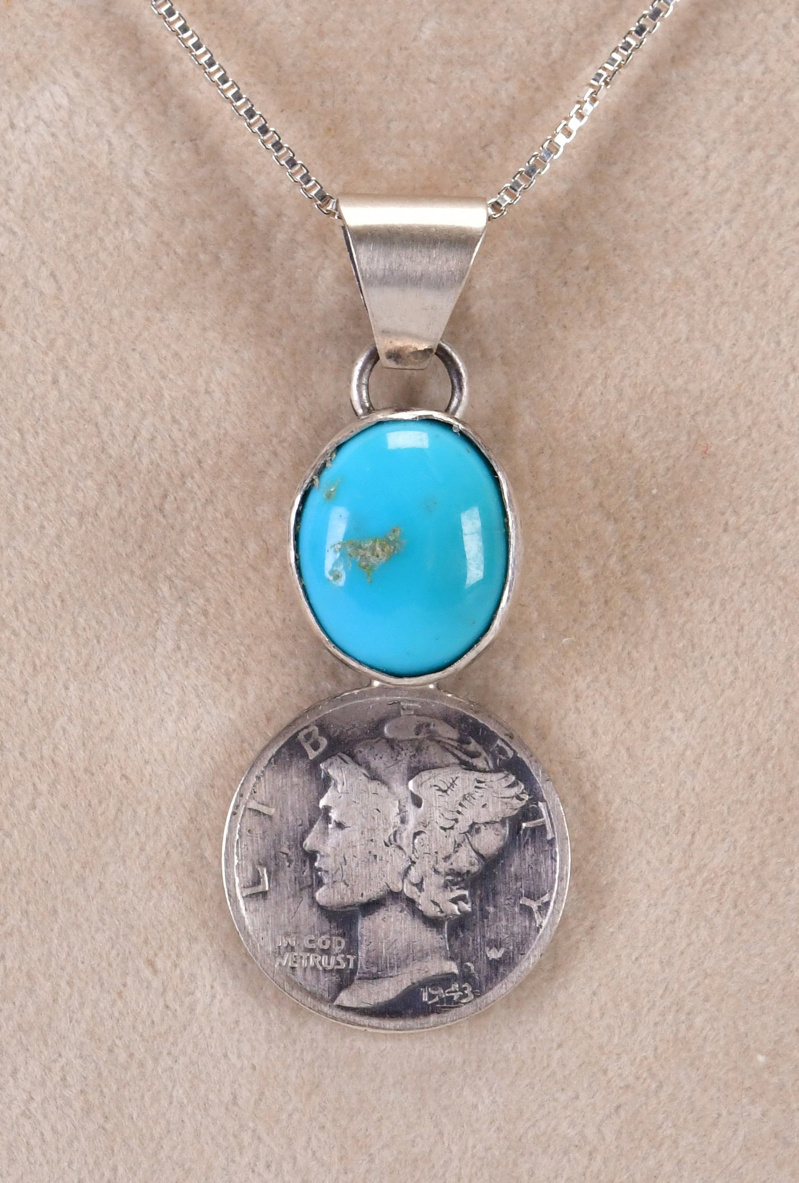 Navajo Sterling Silver Kingman Turquoise & Mercury Dime Pendant: Pendant Only - Sterling Silver| Navajo Sterling Silver Kingman Turquoise & Mercury Dime Pendant| Genuine Kingman Turquoise| Measures 1.75" Long x 3/4" Wide| Hallmarked "F"| Weighs 6.5 Grams| Native Am