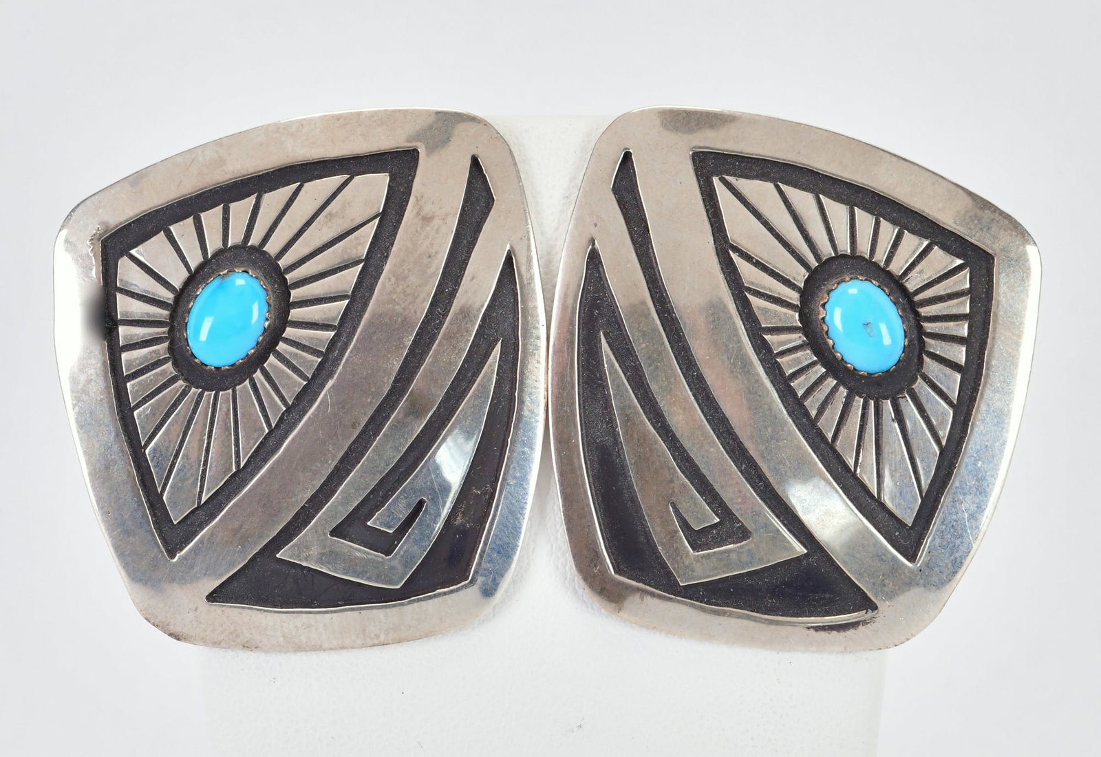 Roscoe Scott Sterling Silver Kingman Turquoise Overlay Earrings: Sterling Silver| Roscoe Scott Sterling Silver Kingman Turquoise Overlay Earrings| Genuine Kingman Turquoise| Measure 2" Long x 2" Wide| Hallmarked "Roscott"| Weigh 27.4 Grams| Native American, Navajo,