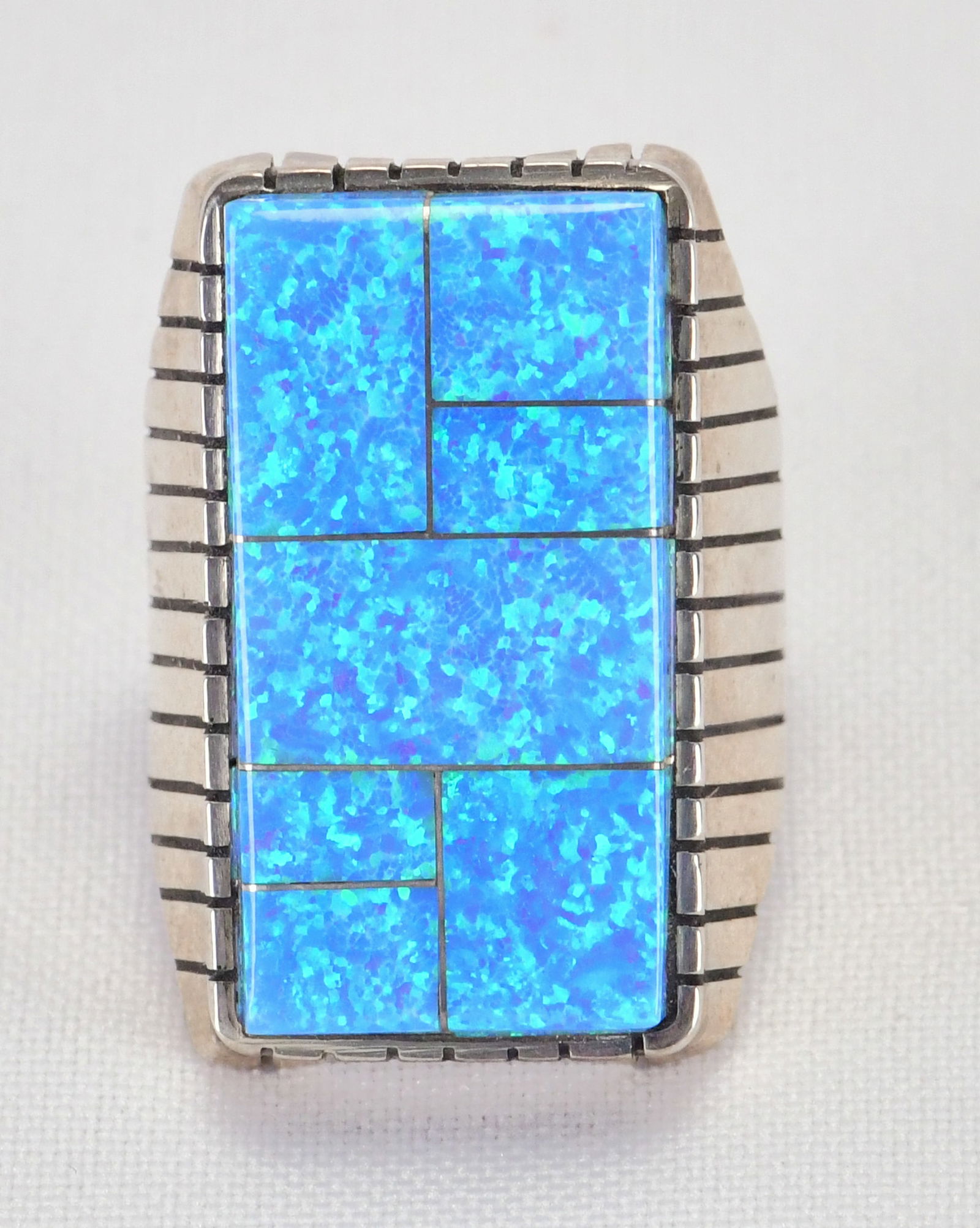 Ray Jack Sterling Silver Large Lab Opal Men's Inlay Ring (1 of 5)
