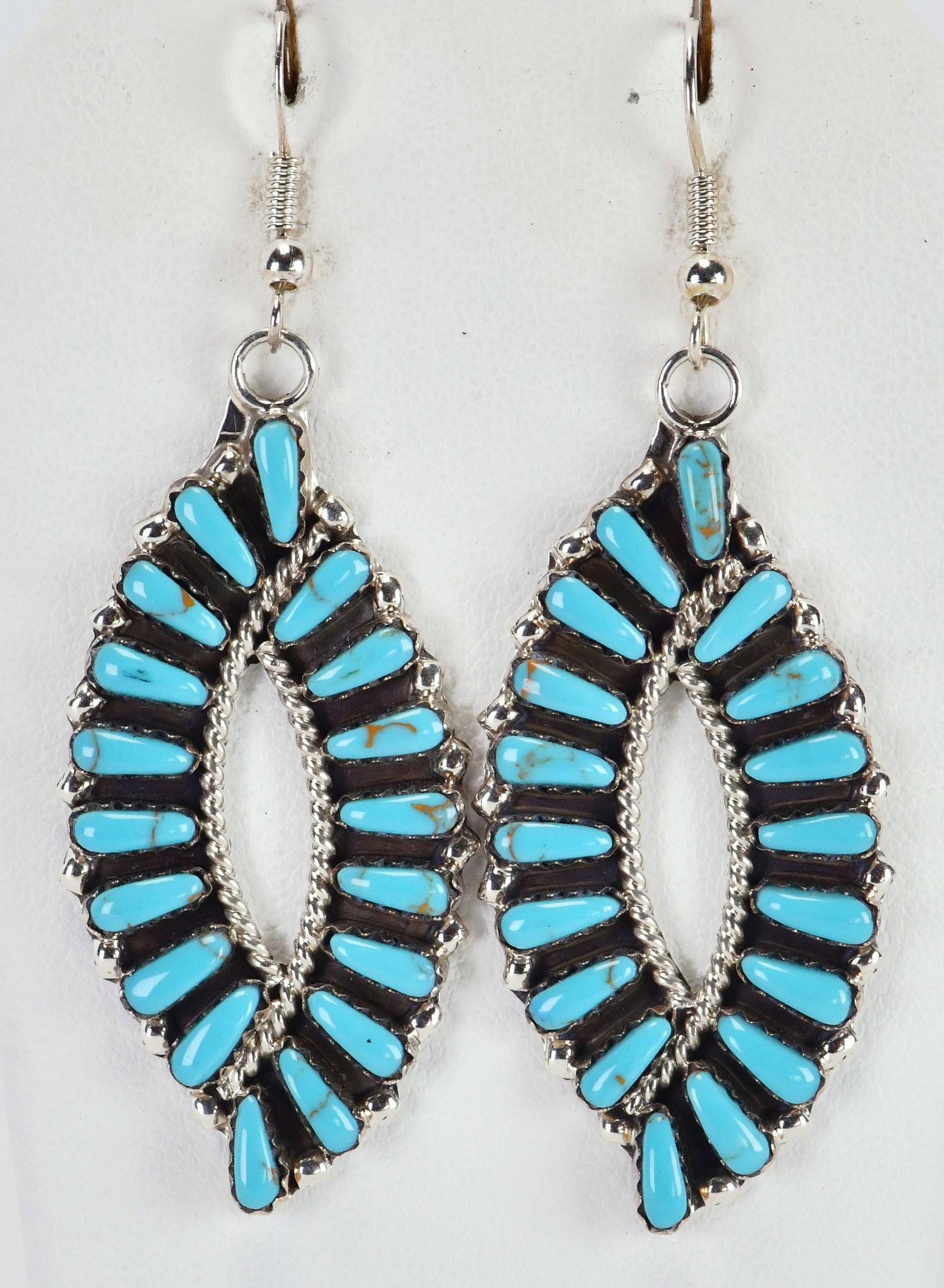 Tina Ben Sterling Silver Block Turquoise By-Pass Earrings: Sterling Silver| Tina Ben Sterling Silver Block Turquoise By-Pass Earrings| Block Turquoise| Measure 2.5" Long x 1" Wide| Hallmarked "TB"| Weigh 11.1 Grams| Native American, Navajo, Southwestern India