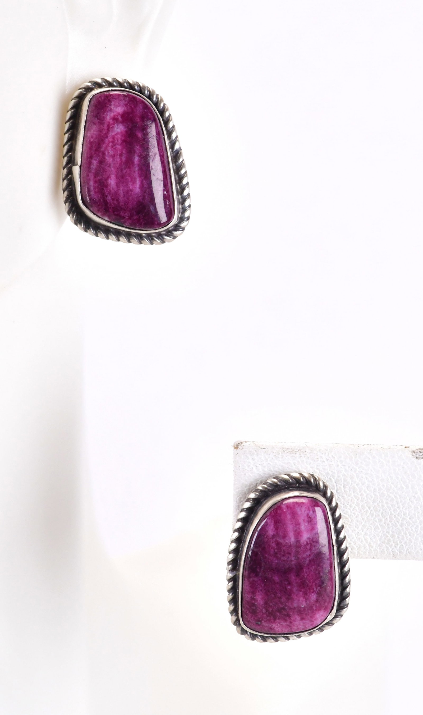 Judith Dixon Sterling Silver Purple Spiny Oyster Button Earrings: Sterling Silver| Judith Dixon Sterling Silver Purple Spiny Oyster Button Earrings| Genuine Spiny Oyster| Measures 7/8" Long x 1/2" Wide| Hallmarked "J"| Weigh 9.2 Grams| Native American, Navajo, South