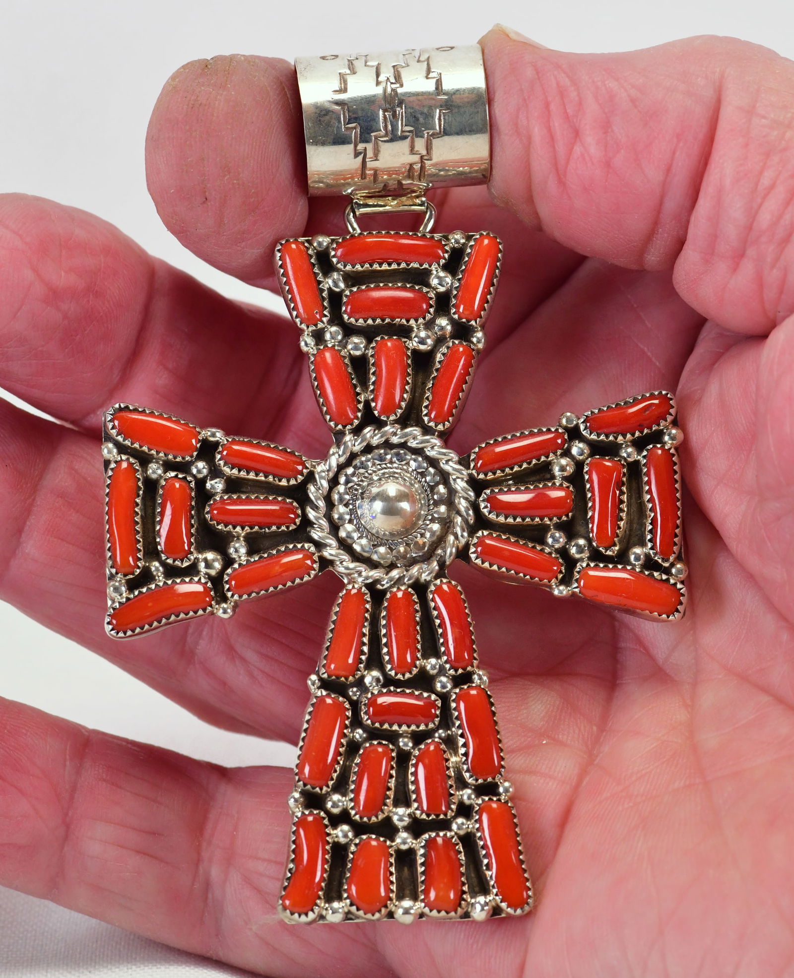 Navajo Sterling Silver Large Coral Cross Pendant (1 of 4)