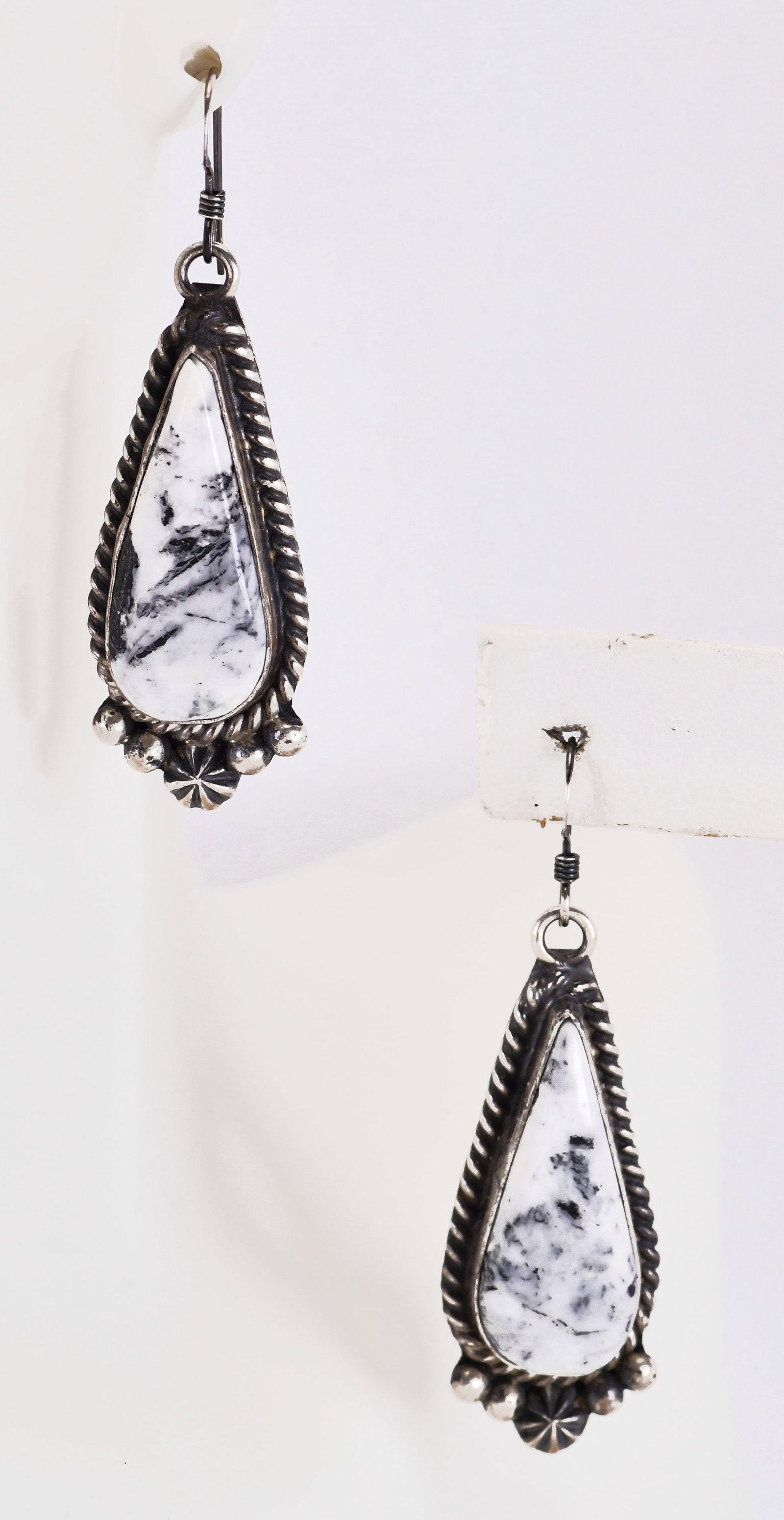 Native American Sterling White Buffalo Turquoise Earrrings: Sterling Silver| Native American Sterling Silver White Buffalo Turquoise Earrings| Genuine White Buffalo Turquoise| Measures 2" Long x 1/2" Wide| Unsigned| Weigh 14.9 Grams| Native American, Navajo, S
