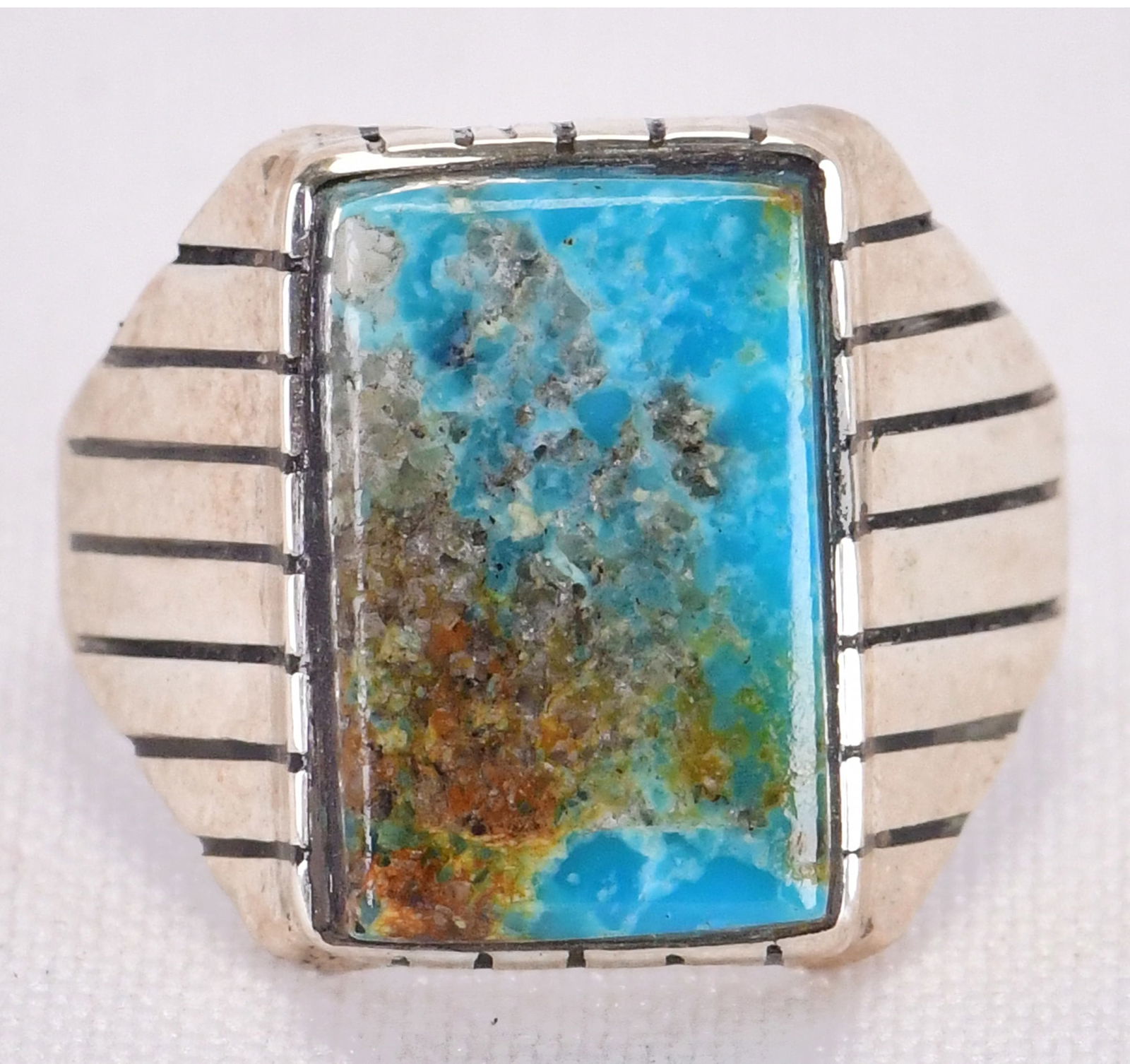 Ray Jack Sterling Silver Kingman Turquoise Oblong Men's Ring (1 of 4)