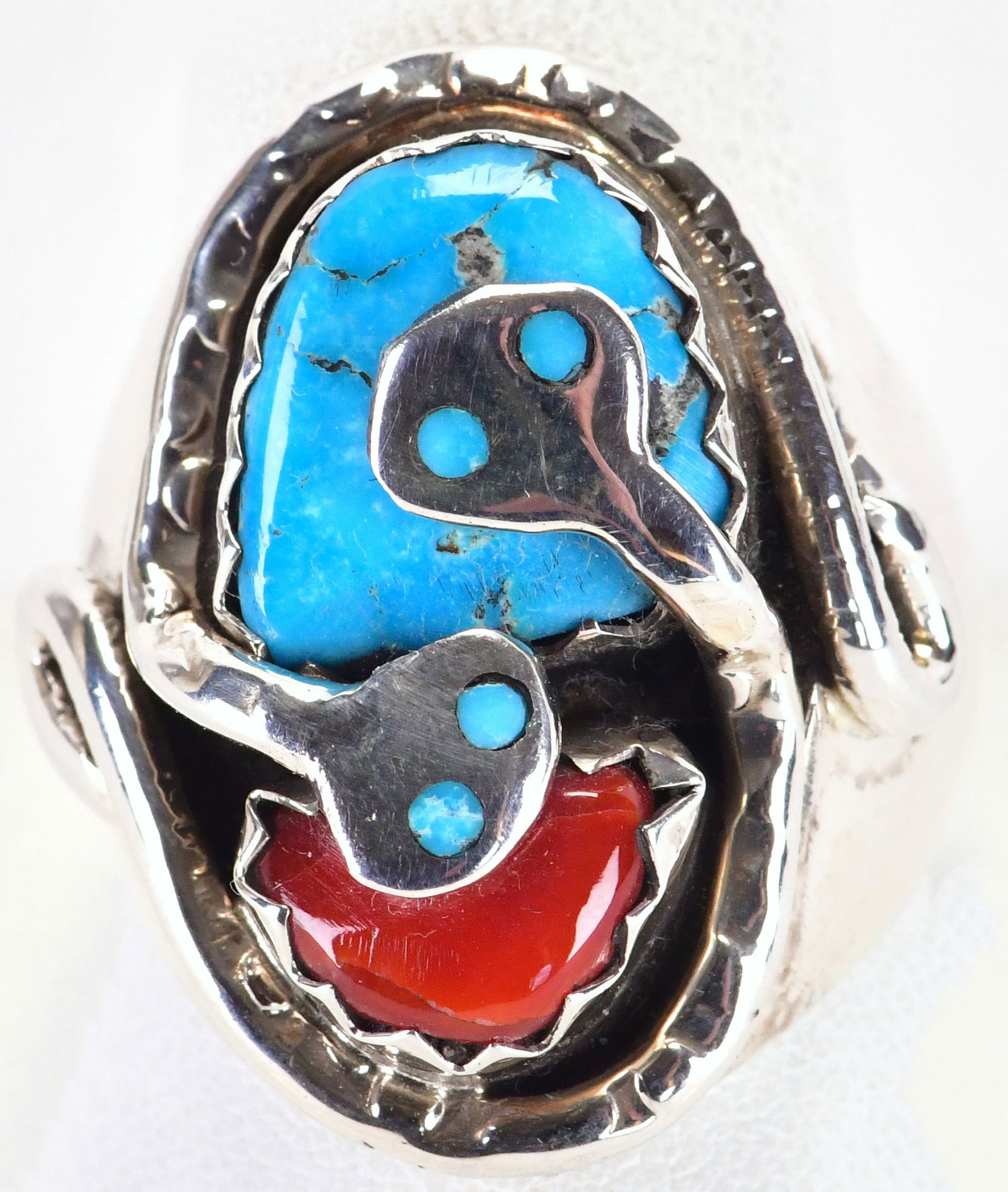 Effie Calavaza Sterling Silver Turquoise & Coral Men's Ring (1 of 4)