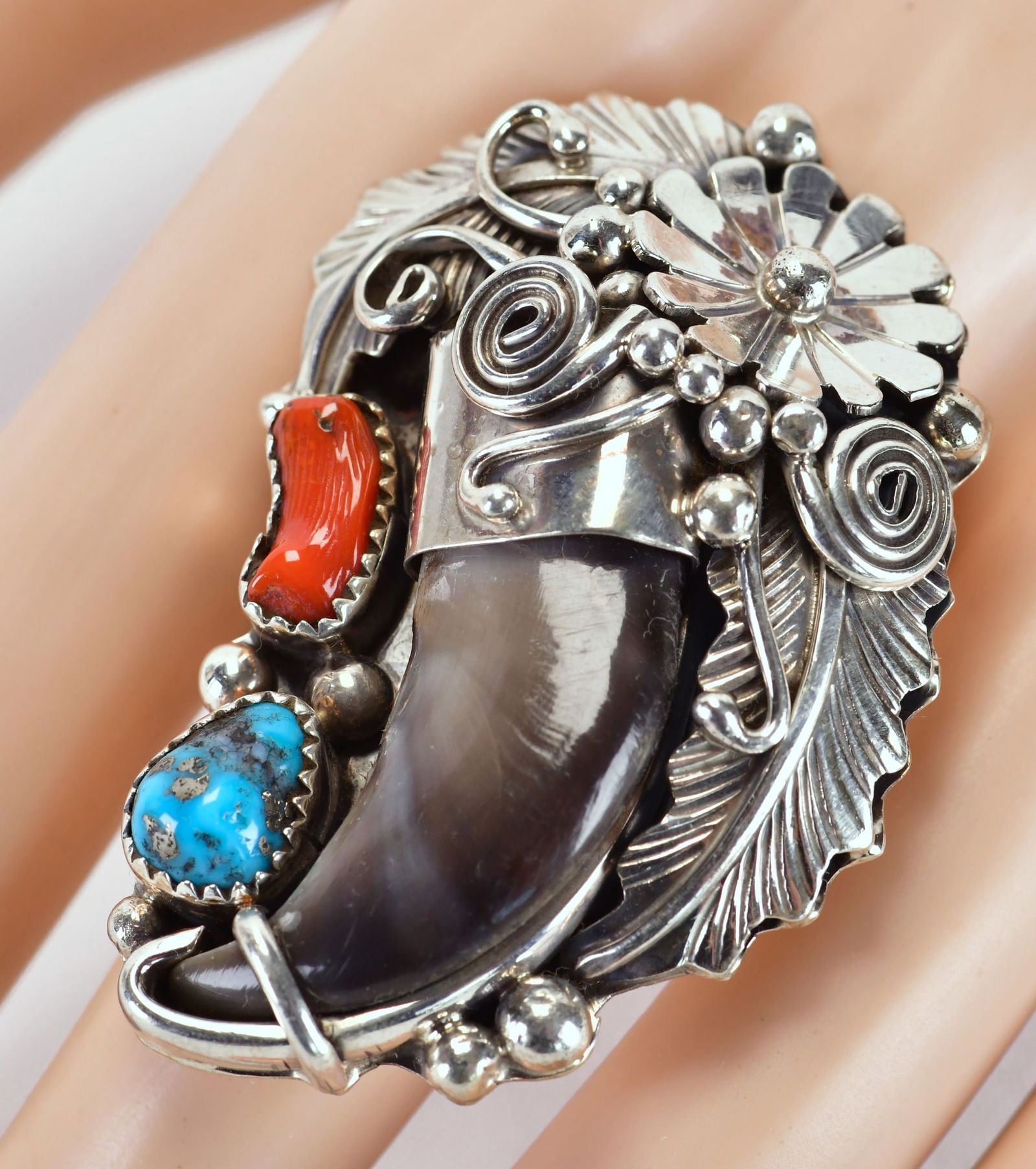 Native American Sterling Large Men's Bear Claw Ring w/Turquoise & Coral (1 of 3)