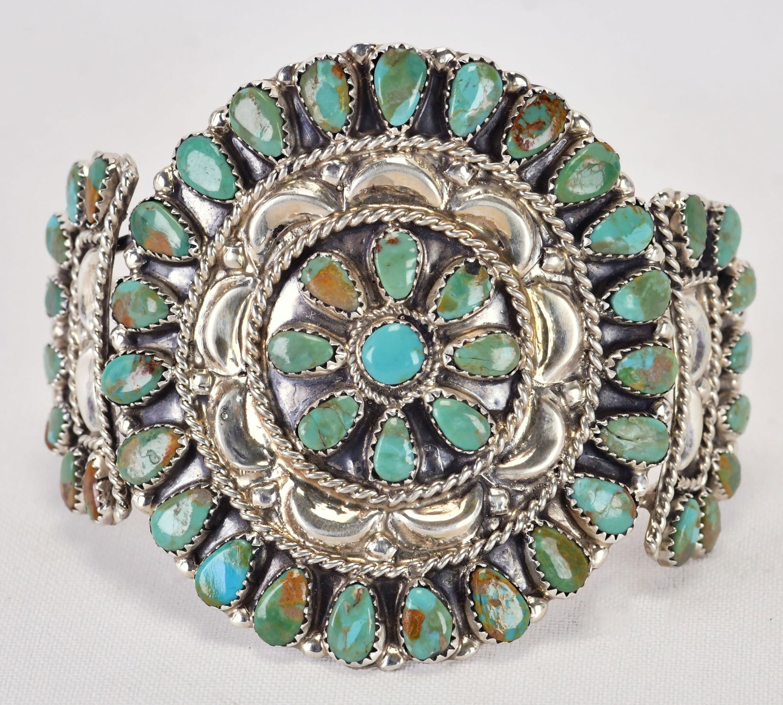 Navajo Sterling Silver Green Kingman Turquoise Repousse Cluster Cuff (1 of 5)