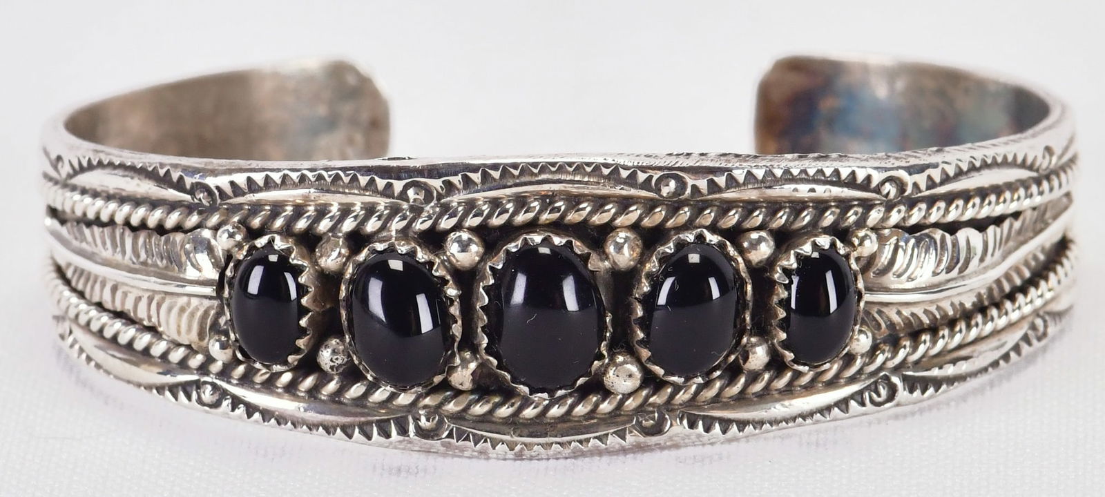 Navajo Sterling Silver Black Onyx 5 Stone Bracelet - Signed Begay (1 of 5)