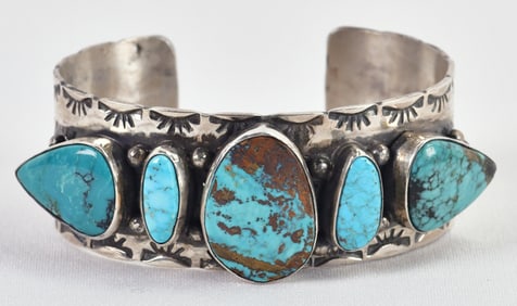 Navajo Vintage Kingman Turquoise Heavy Gauge 5 Stone Cuff
