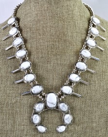 Navajo Sterling Silver White Buffalo Block Turquoise Squash Blossom Necklace Set