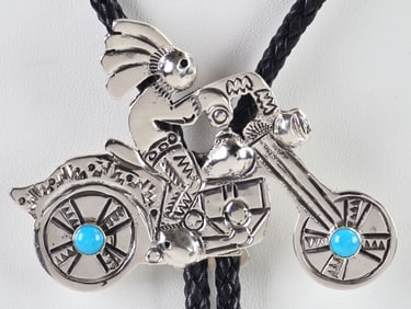 Native American Sterling Silver Bolo Tie w/Turquoise-Indian Rider