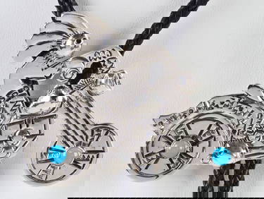Native American Sterling Silver Bolo Tie w/Turquoise-Indian Rider (1 of 4)