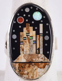 Matthew Jack Sterling Micro Inlay "Masa with Night Sky" Ring: Sterling Silver| Matthew Jack Sterling Silver Micro Inlay Multi-Stone Ring - Masa with Night Sky| Genuine Turquoise, Coral, Jasper, Lab Opal and Jet| Measures 1.25" Long x 3/4" Wide| Signed| Weighs 9.