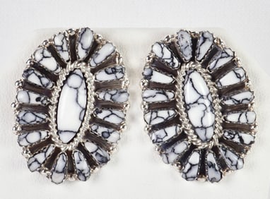 Navajo Sterling Silver White Buffalo Turquoise Block Cluster Earrings