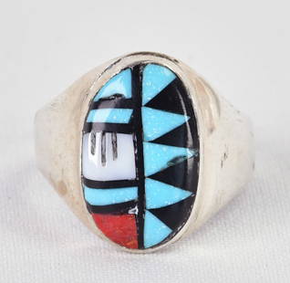 Native American Sterling Multi-Stone Inlay Men's Ring: Sterling Silver| Native American Multi-Stone Inlay Men's Ring| Genuine Turquoise, Coral, Mother of Pearl and Jet| Measures 7/8" Long x 1/2" Wide| Marked "Zuni"| Weighs 11 Grams| Size 13.75| Native Ame