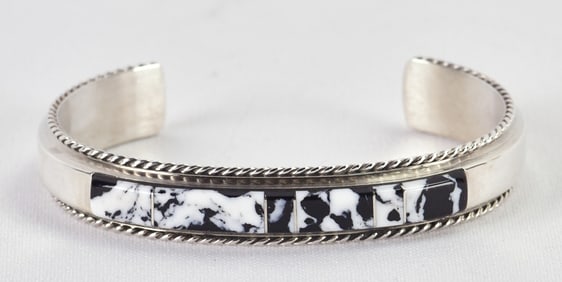 Navajo Sterling Silver White Buffalo Turquoise Inlay Cuff Bracelet