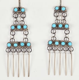 Zuni Vintage Sterling Silver Turquoise Snake Eye Ladder Earrings