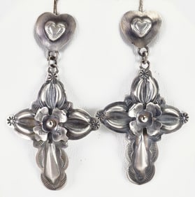 Navajo Sterling Silver Vintage Cross & Cactus Flower Earrings by Yazzie