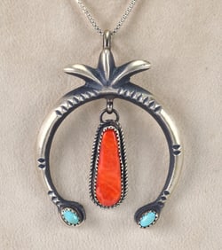 Navajo Sterling Silver Naja Pendant w/Spiny Oyster and Turquoise