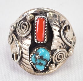 Native American Sterling Turquoise and Coral Feather Men's Ring