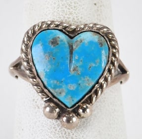 Robert Shakey Sterling Silver Kingman Turquoise Carved Heart Ring