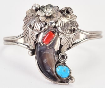 Navajo Sterling Silver Bear Claw Cuff w/Turquoise & Coral