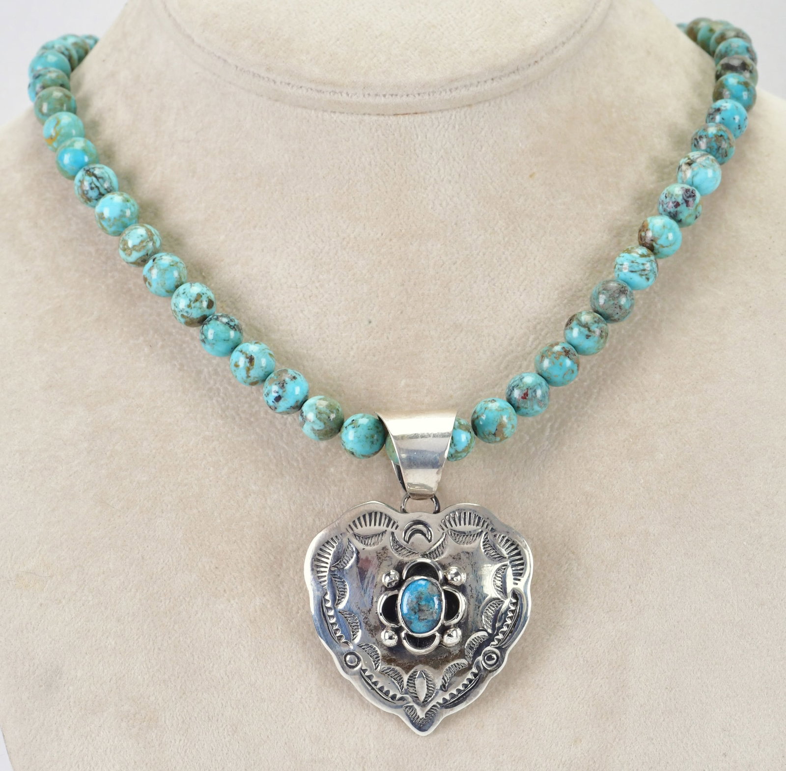 Chimney Butte Sterling Heart Pendant Necklace w/China Mountain Turquoise: Sterling Silver| Chimney Butte Sterling Heart Pendant Necklace with China Mountain Turquoise Center| Genuine China Mountain Turquoise in Pendant| Bead Chain is Stabilized Turquoise and measures 17" in