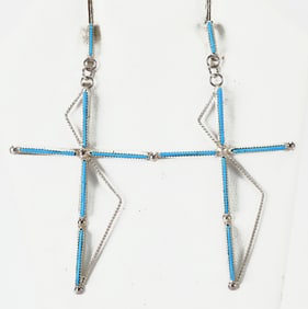 Zuni Sterling Silver Kingman Turquoise Thin Cross Earrings