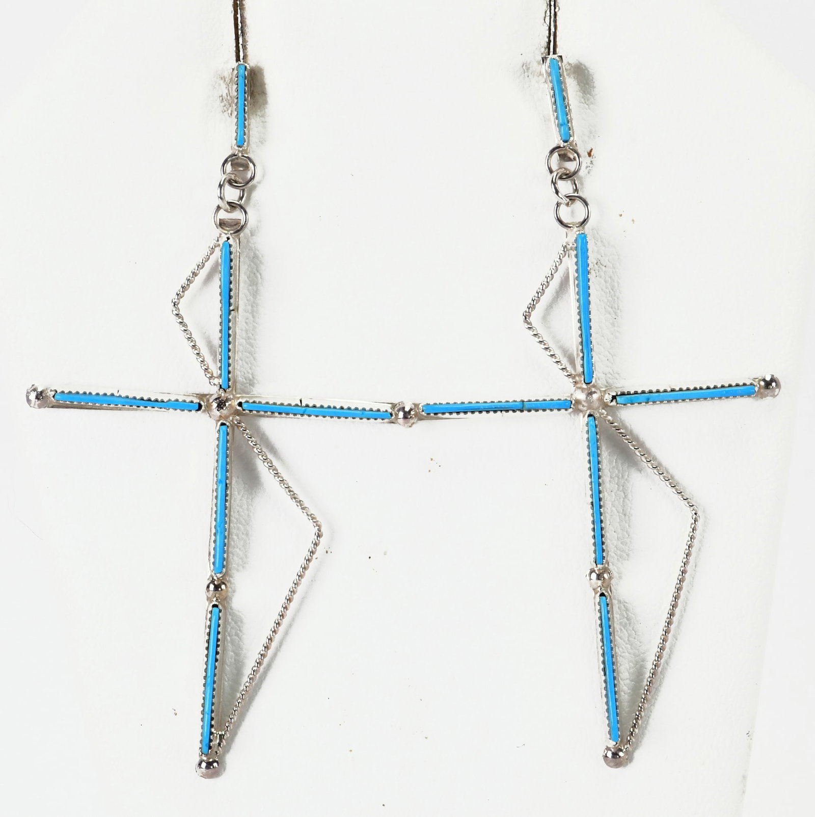 Zuni Sterling Silver Kingman Turquoise Thin Cross Earrings: Sterling Silver| Zuni, Sterling Silver Kingman Turquoise Thin Cross Earrings| Genuine Kingman Turquoise| Measure 3" Long x 1.25" Wide| Unsigned| Weigh 7.6 Grams| Native American, Navajo, Southwestern 