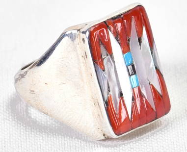 Zuni, Sterling Silver Inlay Multi-Stone Men's Ring - Signed Dishta: Sterling Silver| Zuni, Sterling Silver Inlay Men's Ring - Signed Dishta| Genuine Coral, Mother of Pearl, Turquoise and Jet| Very well made| Measures 7/8" Long x 3/4" Wide| Signed| Weighs 15.2 Grams| S