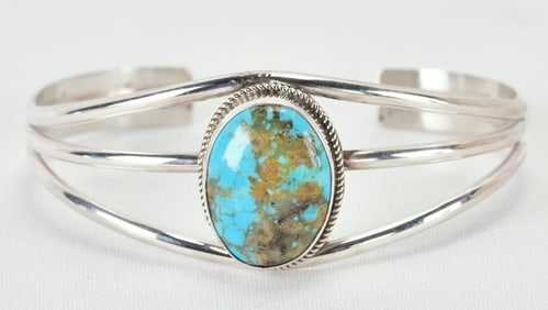 Navajo Sterling Silver Kingman Turquoise 3 Band Bracelet