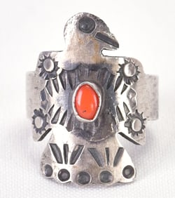 Chimney Butte Sterling Silver Thunderbird Ring W/Coral Accent