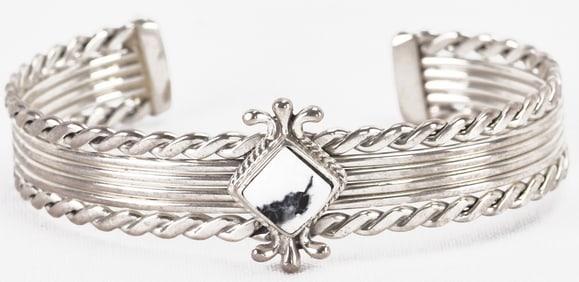 Native American Sterling White Buffalo Turquoise Twisted Band Cuff