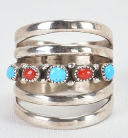 Navajo Sterling Silver Turquoise & Coral Split Band Ring
