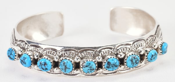 Navajo Sterling Silver Kingman Turquoise Nugget Cuff Bracelet