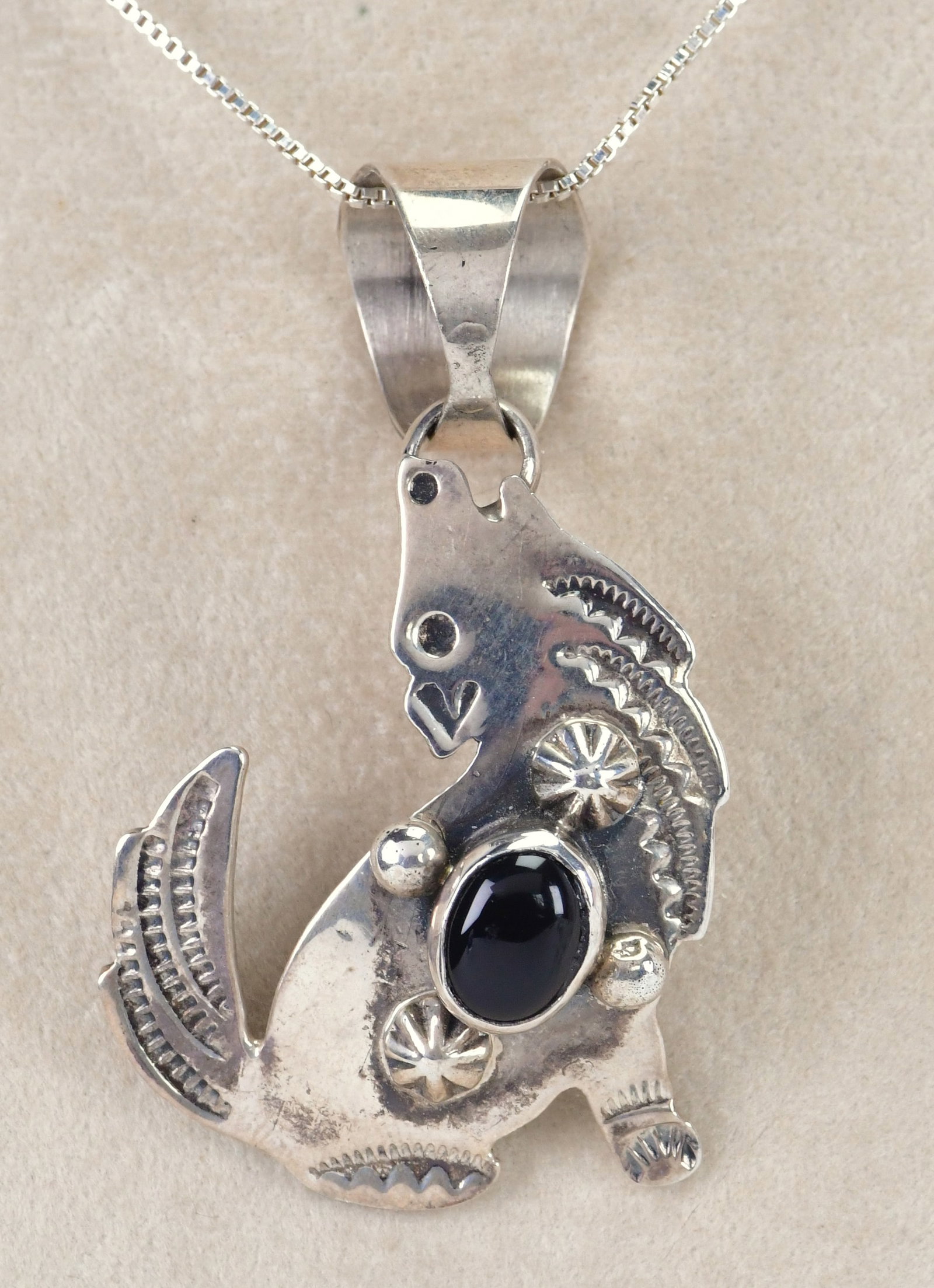 Chimney Butte Sterling Silver Coyote Pendant w/Onyx: Pendant Only - Sterling Silver| Chimney Butte Sterling Silver Coyote Pendant w/Onyx| Genuine Onyx| Measures 2.25" Long x 1.5" Wide| Signed| Weighs 12.3 Grams| Native American, Navajo, Southwestern Ind