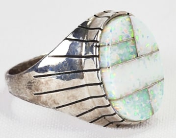 Ray Jack Sterling Silver Lab Opal Inlay Men's Ring