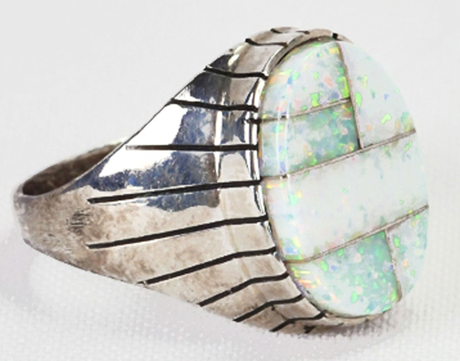 Ray Jack Sterling Silver Lab Opal Inlay Men's Ring (1 of 4)