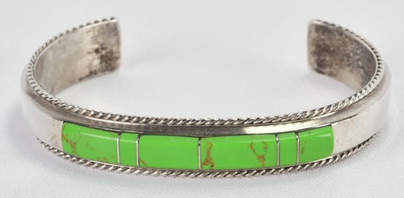 Native American Sterling Silver Gaspeite Inlay Cuff Bracelet