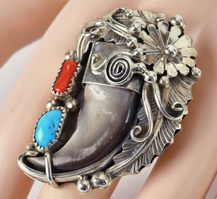 Navajo Sterling Silver Large Bear Claw Men's Ring W/Turquoise & Coral
