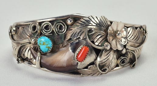 Navajo Sterling Silver Bear Claw Feather Cuff w/Turquoise & Coral