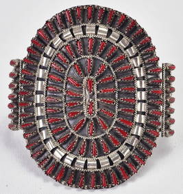Violet Begay Sterling Silver Block Coral Needlepoint Cuff Bracelet (1 of 4)