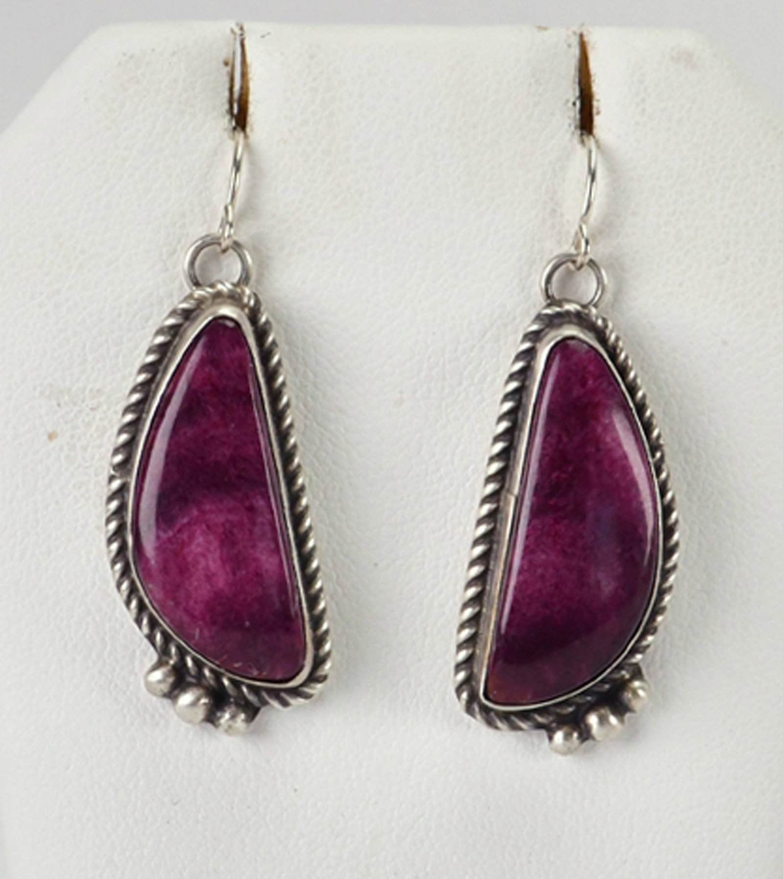 Judith Dixon Sterling Silver Purple Spiny Oyster Earrings: Sterling Silver| Judith Dixon Sterling Silver Purple Spiny Oyster Earrings| Genuine Spiny Oyster| Measures 1 5/8" Long x 1/2" Wide| Hallmarked "J"| Weigh 11 Grams| Native American, Navajo, Southwester