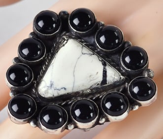 Navajo Sterling Silver White Buffalo Turquoise Ring w/Black Onyx