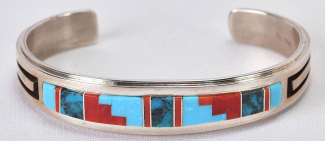 Native American Sterling Turquoise & Coral Inlay Cuff Bracelet (1 of 4)