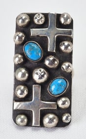 Chimney Butte Sterling Silver Cross and Dot Ring w/Turquoise