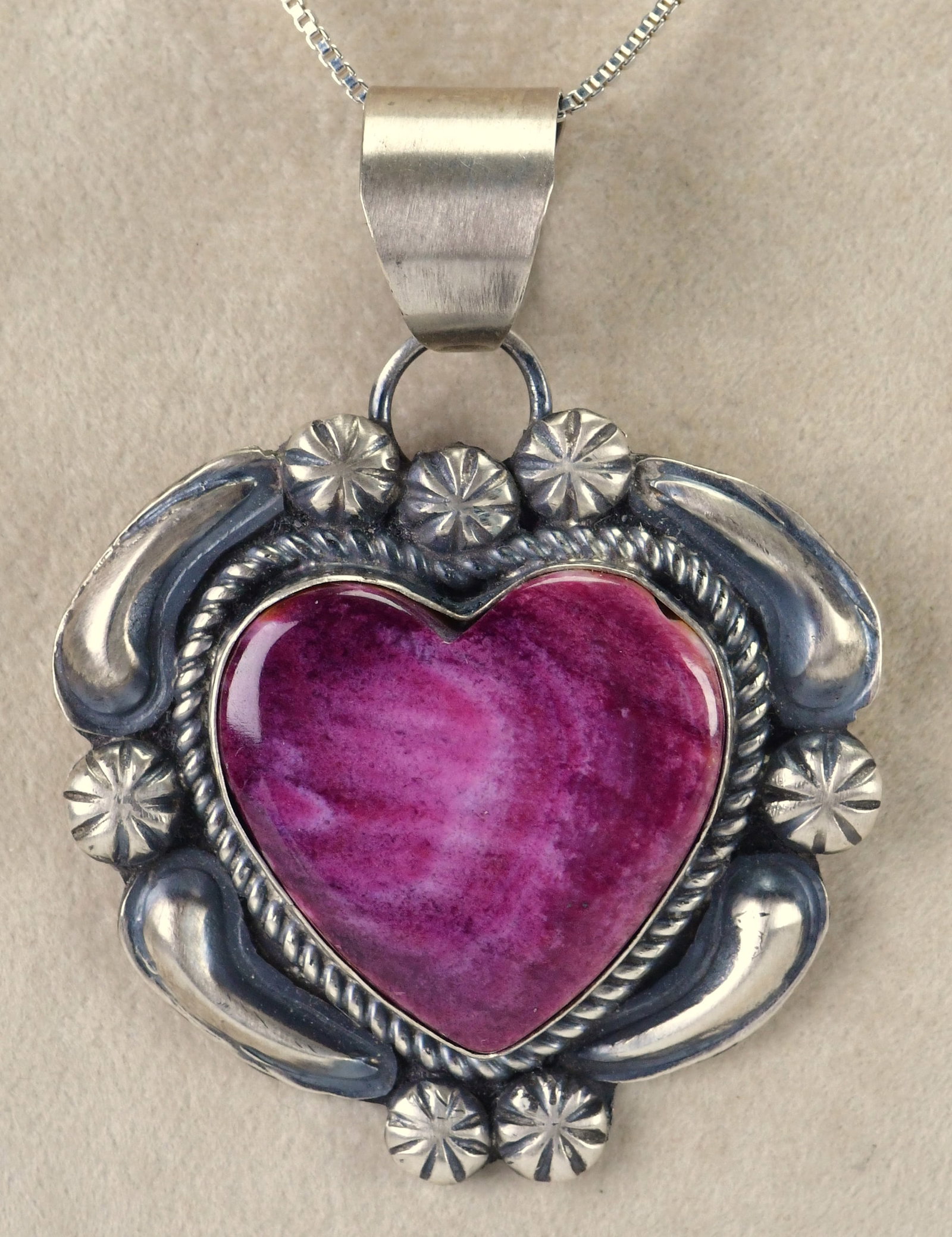Jeff James Sterling Silver Purple Spiny Oyster Repousse Heart Pendant: Pendant Only - Sterling Silver| Jeff James Sterling Silver Purple Spiny Oyster Repousse Heart Pendant| Genuine Spiny Oyster| Measures 2.25" Long x 1.75" Wide| Hallmarked "JJJ"| Weighs 22.9 Grams| Nati